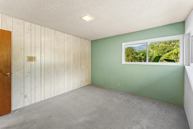 unfurnished room featuring wood walls, carpet, and a textured ceiling