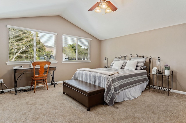 bedroom featuring ceiling fan, light colored carpet, and lofted ceiling