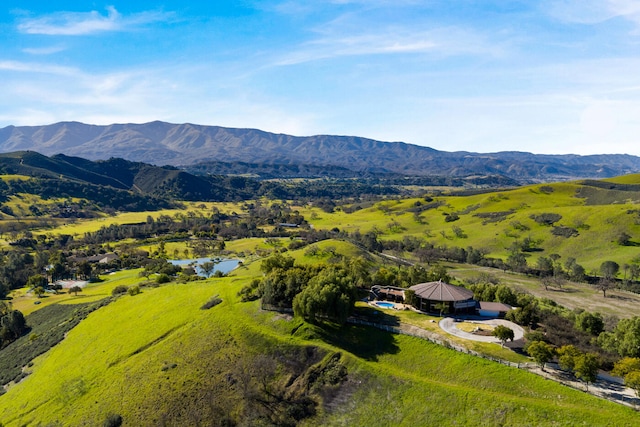 aerial view featuring a water and mountain view