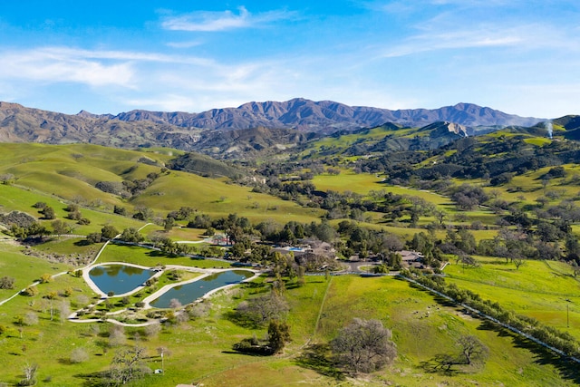 bird's eye view with a water and mountain view and a rural view