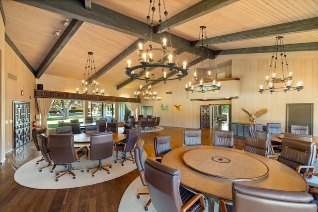 dining space featuring high vaulted ceiling, hardwood / wood-style flooring, beam ceiling, and wooden ceiling