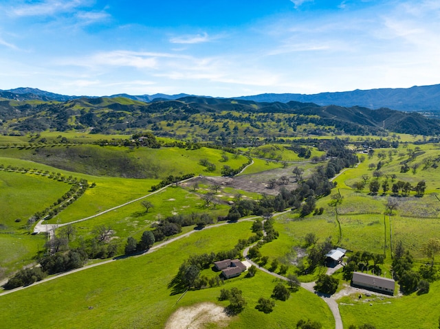 birds eye view of property featuring a mountain view and a rural view