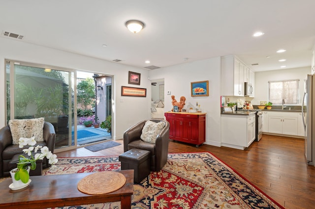 living room with sink and dark hardwood / wood-style floors