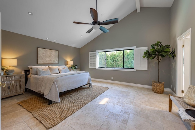 bedroom with ceiling fan, beam ceiling, and high vaulted ceiling