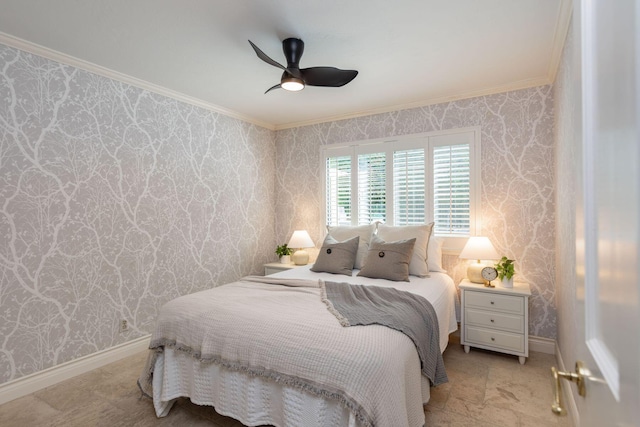 bedroom featuring ceiling fan and crown molding