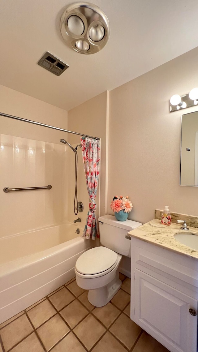 full bathroom with shower / bath combo, tile patterned flooring, vanity, and toilet