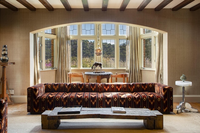 5200 Armour Ranch Rd, Santa Ynez, CA 93460 - living room featuring beamed ceiling, wallpapered walls, and carpet
