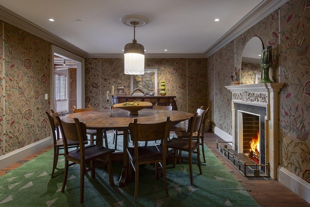 5200 Armour Ranch Rd, Santa Ynez, CA 93460 - dining room featuring hardwood / wood-style flooring, wallpapered walls, a high end fireplace, crown molding, and recessed lighting