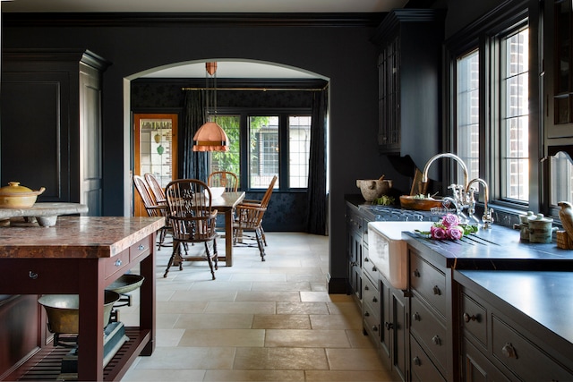 kitchen with dark brown cabinets, butcher block countertops, ornamental molding, and sink