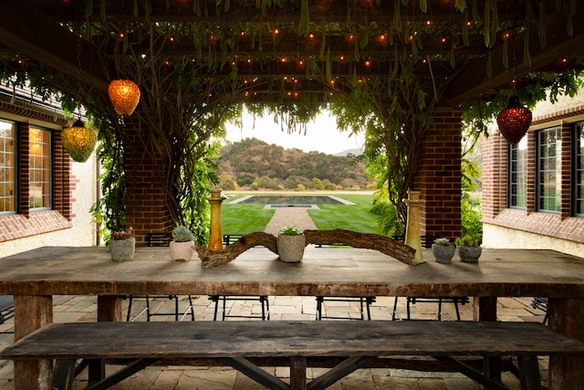 view of patio featuring a mountain view