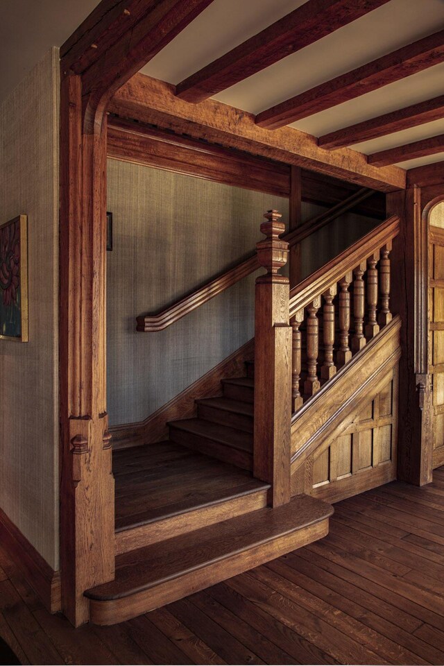 5200 Armour Ranch Rd, Santa Ynez, CA 93460 - staircase with wood-type flooring, wallpapered walls, and beam ceiling