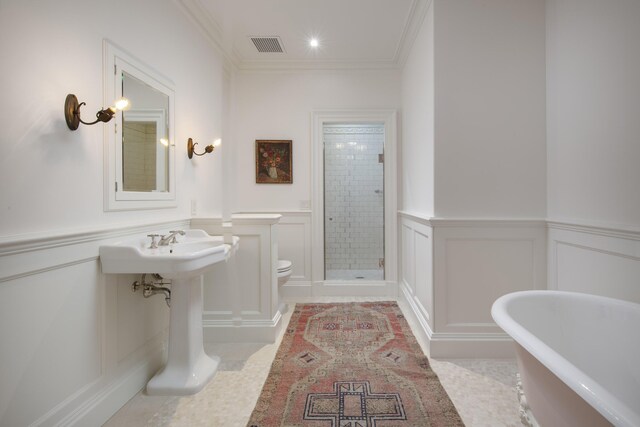 5200 Armour Ranch Rd, Santa Ynez, CA 93460 - bathroom featuring a decorative wall, a soaking tub, a shower stall, ornamental molding, and a wainscoted wall
