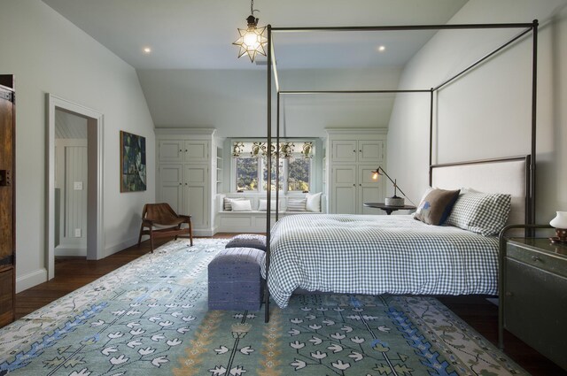 5200 Armour Ranch Rd, Santa Ynez, CA 93460 - bedroom with wood finished floors, lofted ceiling, and recessed lighting