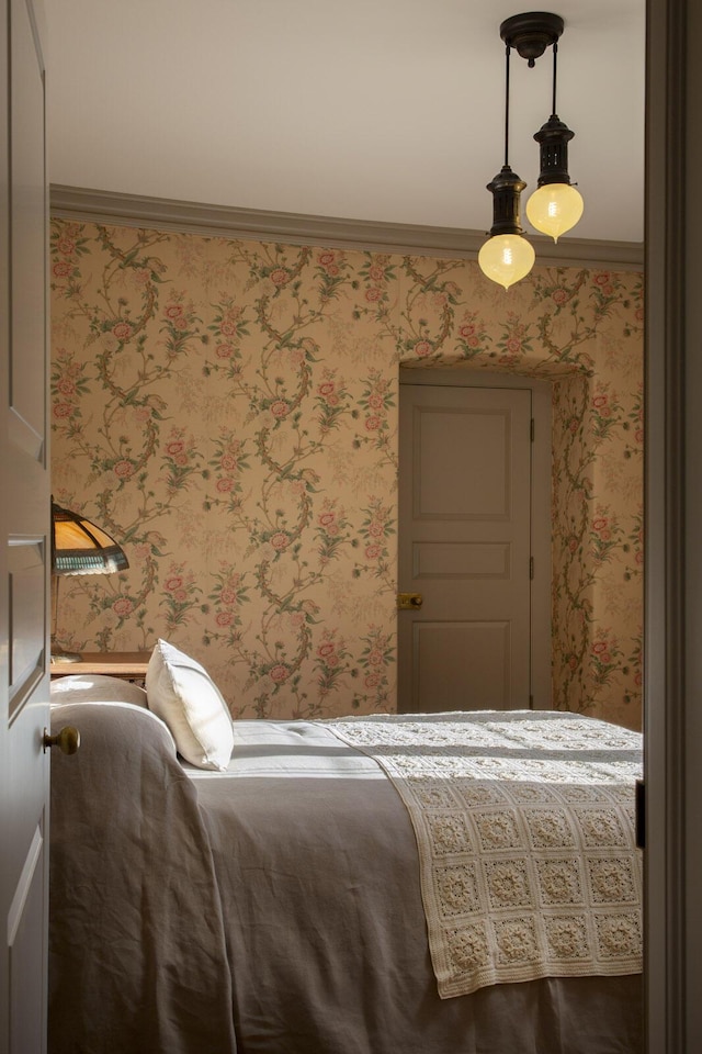 5200 Armour Ranch Rd, Santa Ynez, CA 93460 - bedroom with wallpapered walls and crown molding