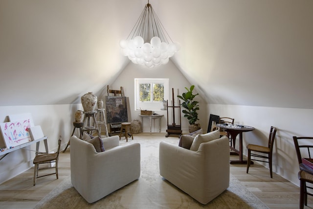5200 Armour Ranch Rd, Santa Ynez, CA 93460 - living room featuring wood finished floors, lofted ceiling, and a chandelier
