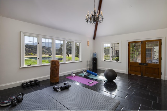 5200 Armour Ranch Rd, Santa Ynez, CA 93460 - workout area featuring a chandelier, lofted ceiling, and french doors