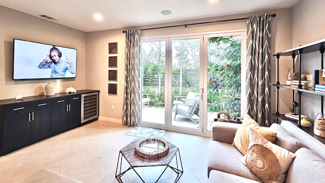 living room with beverage cooler