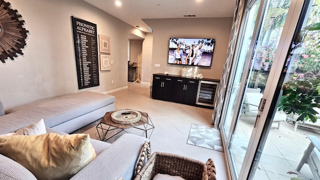 tiled living room with bar