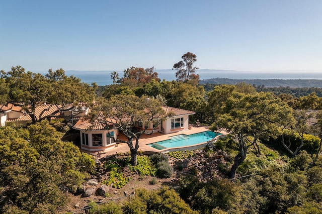 view of swimming pool featuring a patio area and a water view