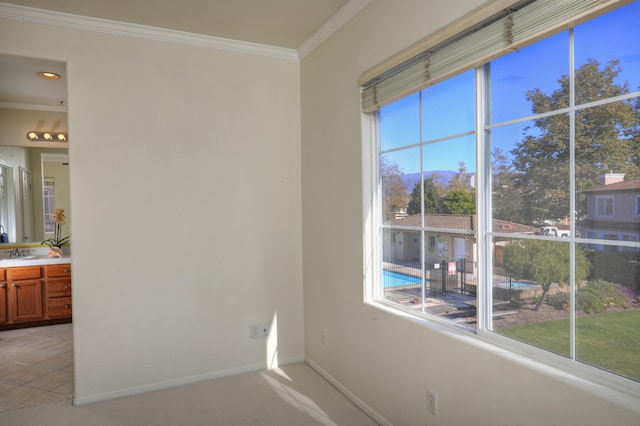 unfurnished room with tile patterned floors, sink, and crown molding