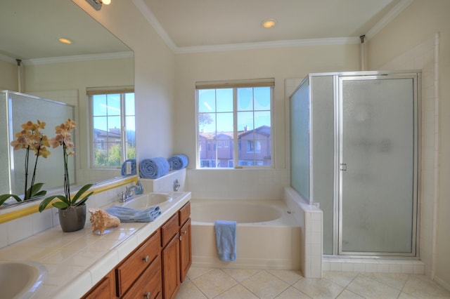 bathroom with crown molding, tile patterned flooring, vanity, and plus walk in shower