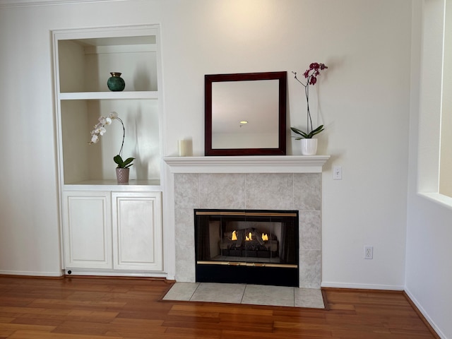 details featuring a tile fireplace and wood-type flooring