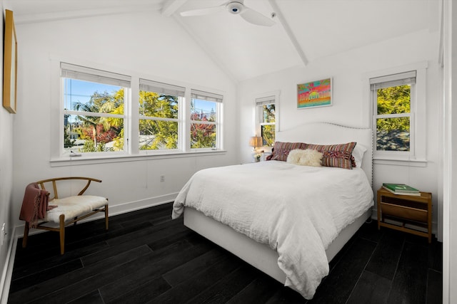 bedroom with dark hardwood / wood-style floors, ceiling fan, and multiple windows