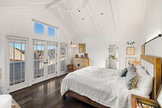 bedroom featuring access to exterior, french doors, ceiling fan, beam ceiling, and dark hardwood / wood-style floors