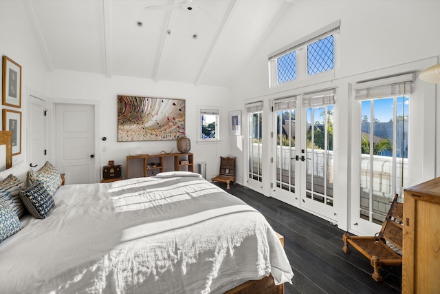 bedroom featuring high vaulted ceiling, access to outside, french doors, beam ceiling, and dark hardwood / wood-style flooring