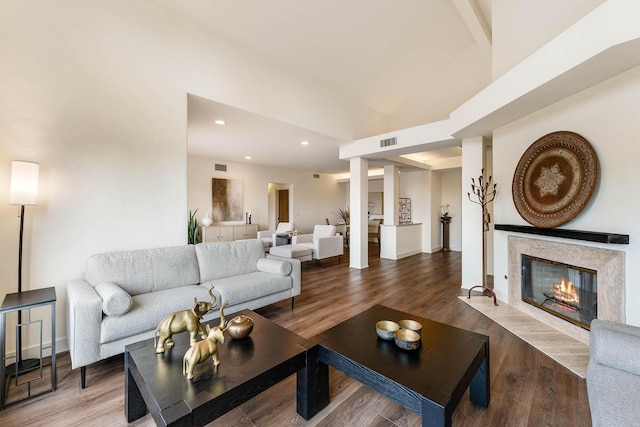 living room featuring a fireplace and hardwood / wood-style floors