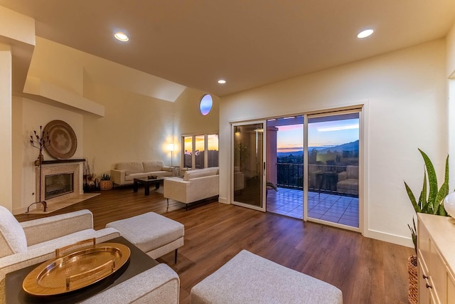 living room featuring lofted ceiling, dark wood-type flooring, and a premium fireplace