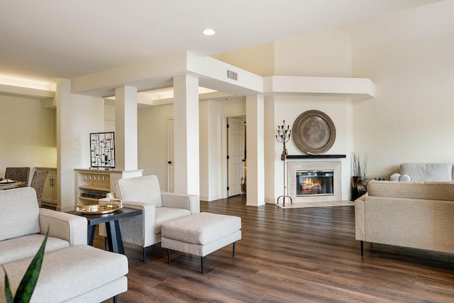 living room featuring dark wood-type flooring