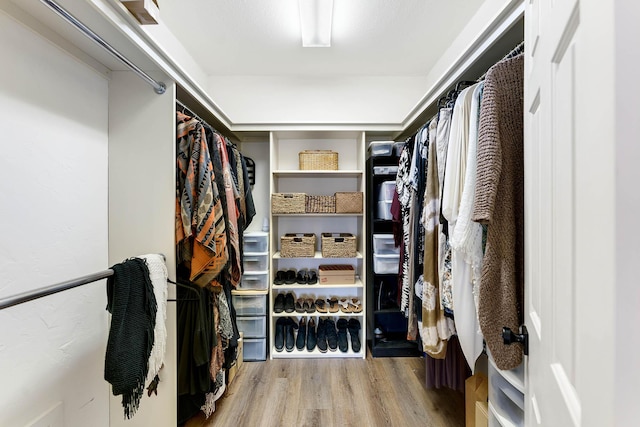 walk in closet with hardwood / wood-style floors