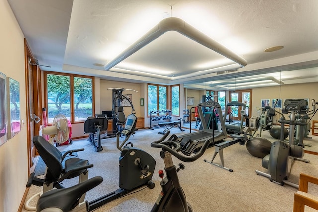 gym featuring carpet and a raised ceiling