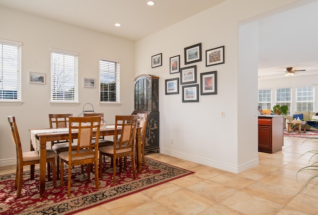 dining room with ceiling fan and a healthy amount of sunlight