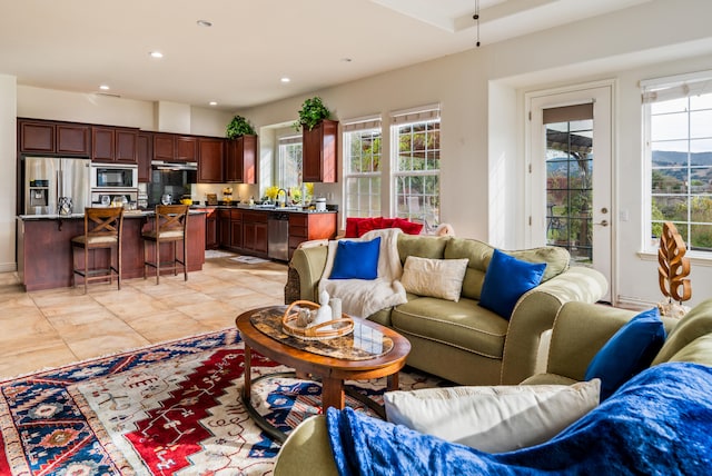 tiled living room with sink