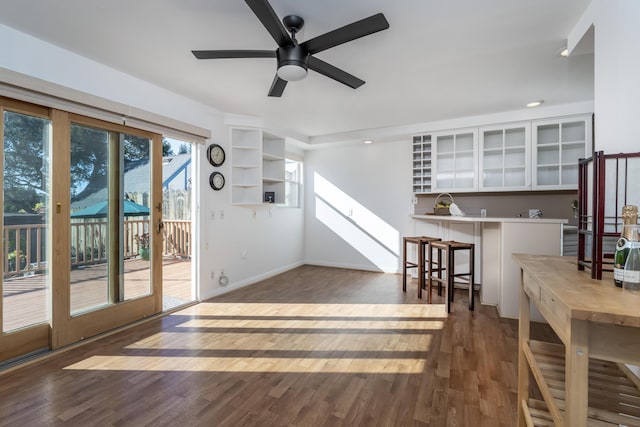 interior space with ceiling fan and dark wood-type flooring