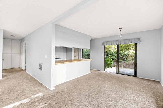 unfurnished living room with light carpet and a textured ceiling