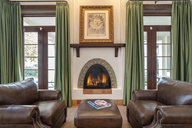 living area featuring carpet flooring