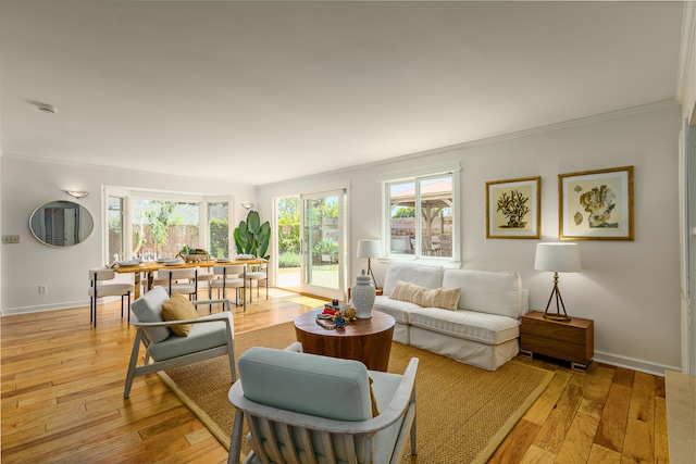 living room with crown molding, light wood finished floors, and baseboards