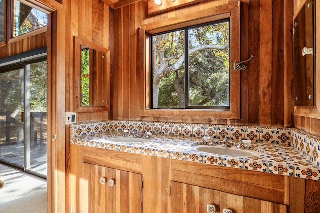 bathroom featuring decorative backsplash, vanity, and wooden walls