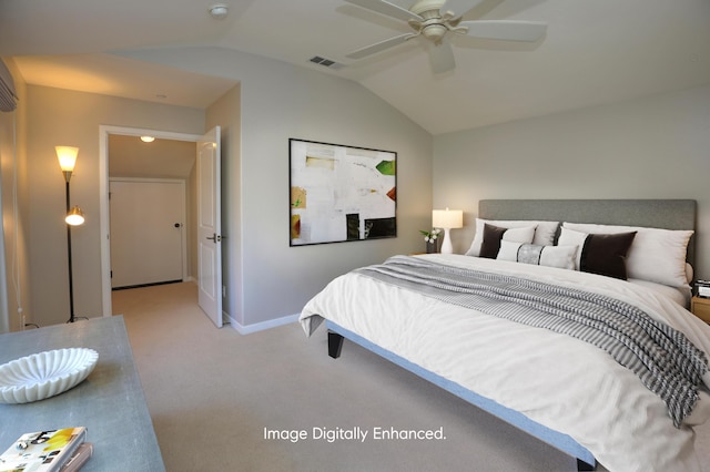 bedroom with lofted ceiling, light carpet, a ceiling fan, visible vents, and baseboards