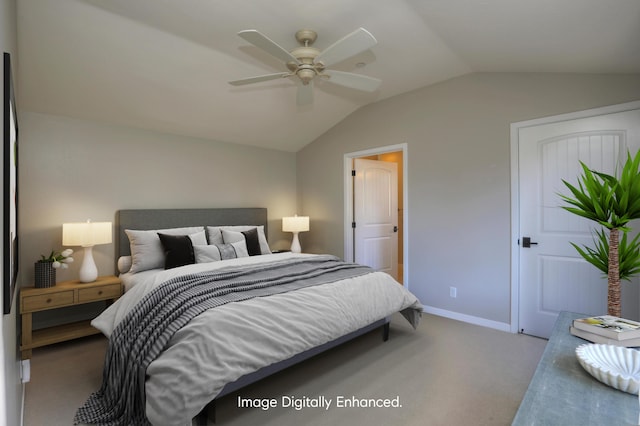 bedroom with light colored carpet, vaulted ceiling, baseboards, and ceiling fan