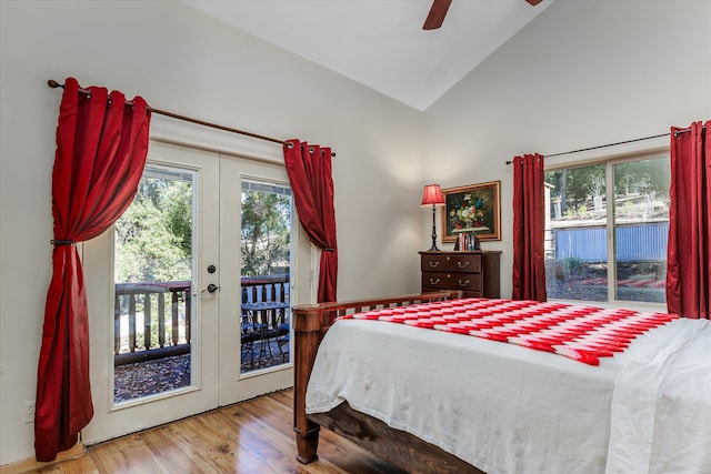 bedroom with access to exterior, ceiling fan, hardwood / wood-style floors, and french doors