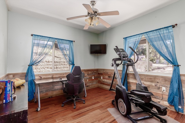 office area with light wood-type flooring, a wealth of natural light, and wood walls