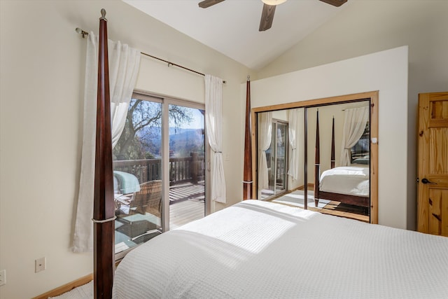 bedroom featuring access to outside, ceiling fan, a closet, and vaulted ceiling