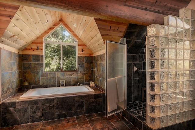 bathroom with plus walk in shower, wooden ceiling, tile walls, and lofted ceiling