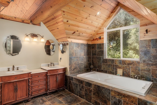 bathroom featuring vanity, vaulted ceiling with beams, tile walls, and wooden ceiling