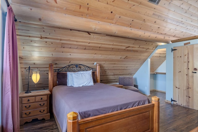 bedroom featuring wooden walls, dark hardwood / wood-style flooring, wood ceiling, and lofted ceiling