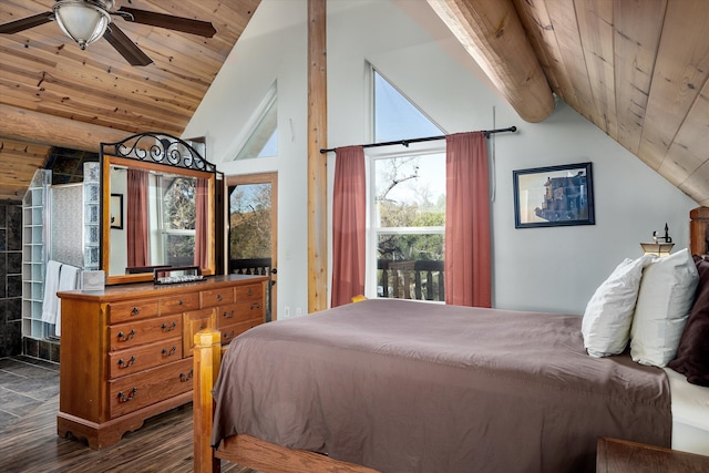 bedroom with dark hardwood / wood-style flooring, wood ceiling, ceiling fan, beam ceiling, and high vaulted ceiling